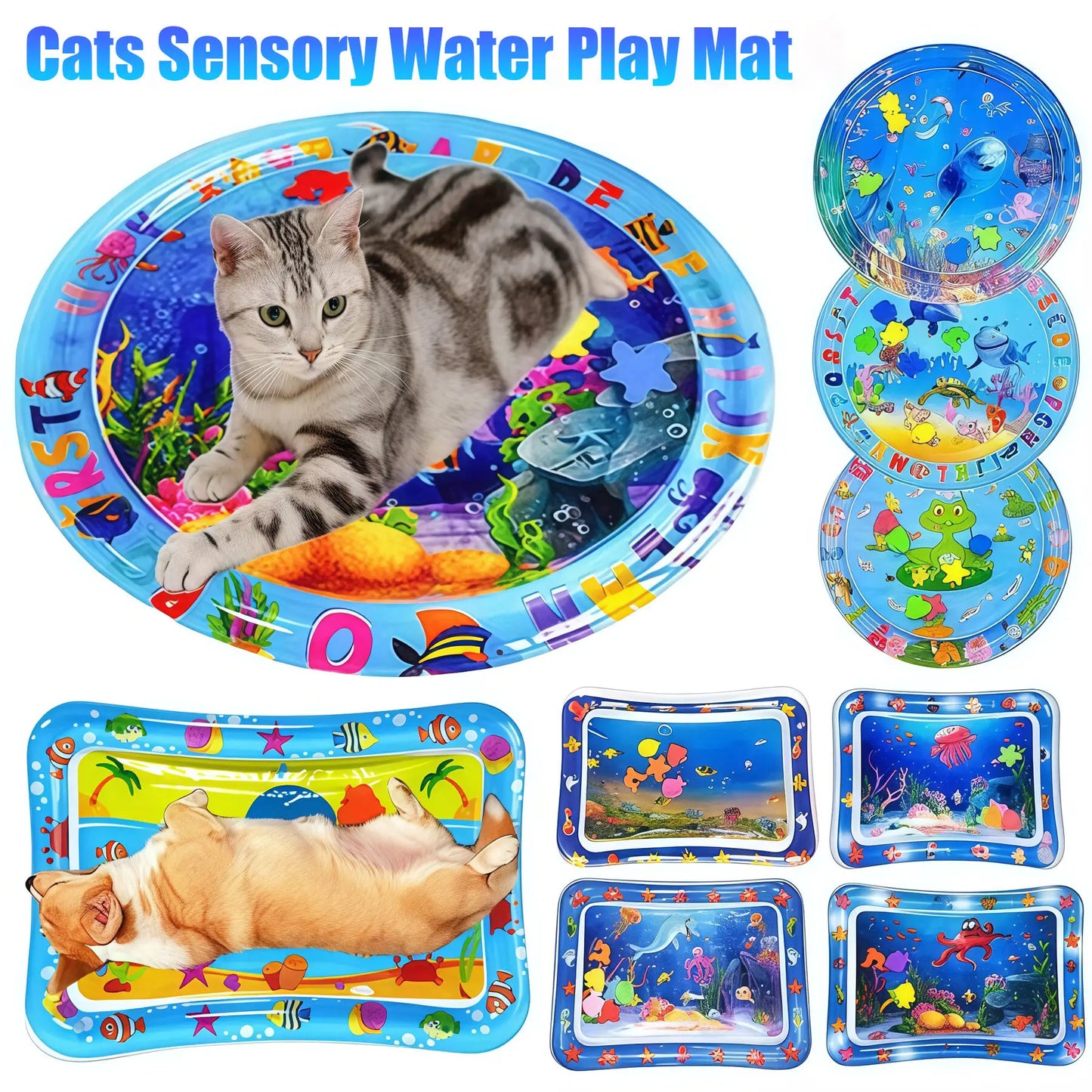Interactive Cats Sensory Water Play Mat - Fun Inflatable Bed for Playtime with Fish Design